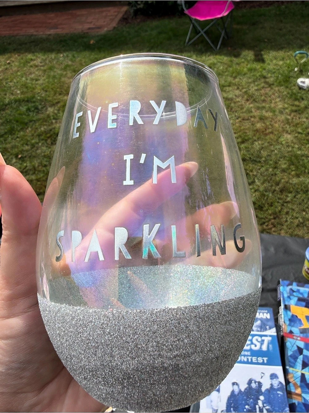 Clear & Silver "Everyday I'm Sparkling" Glitter Stemless Wine Glass